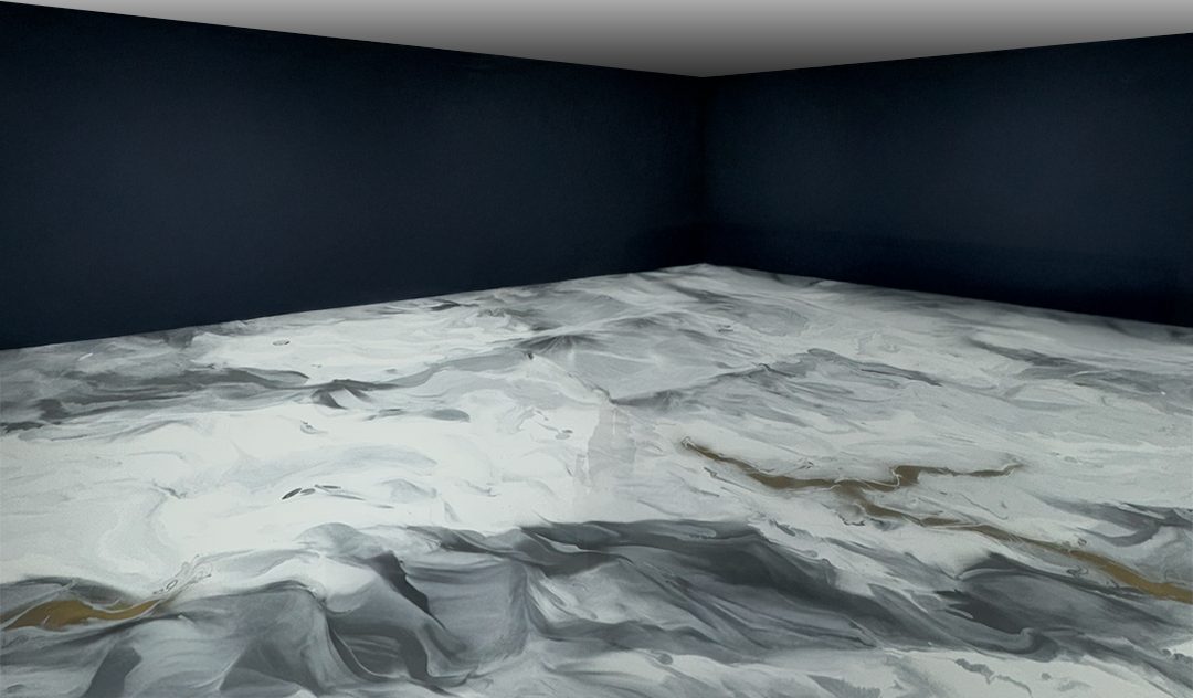 Metallic epoxy floor, white and grey marble finish